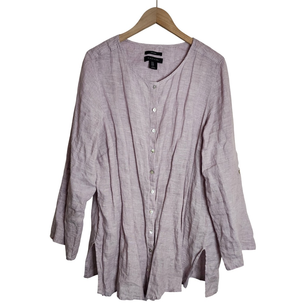 Tahari Linen Button Down Tunic Women 1X Purple Long Sleeve Roll Tab Top
